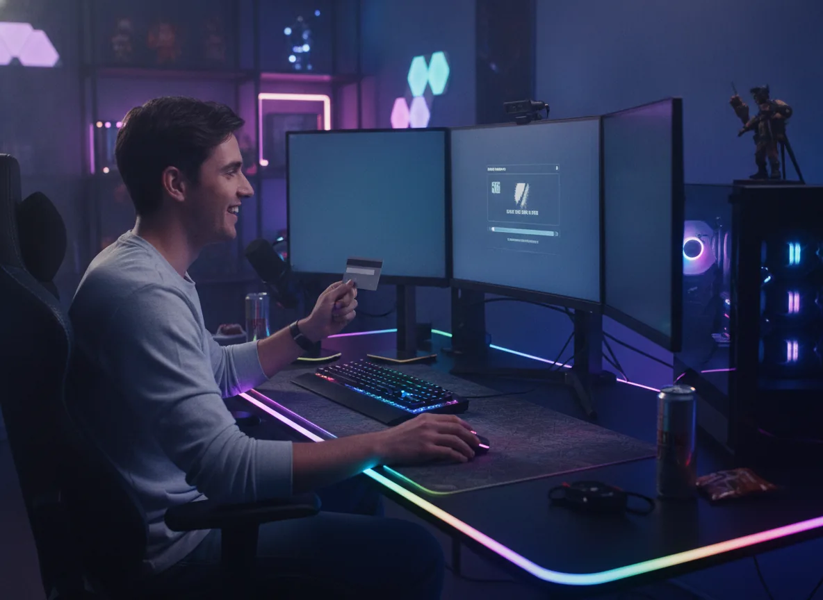 real photo of a gamer at a desktop
